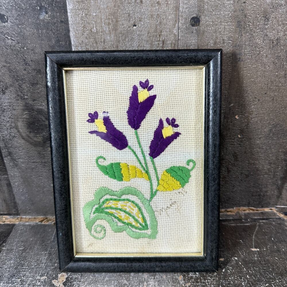 Vintage Needlepoint Embroidery Framed Purple Flower Small 7.5" x 6"